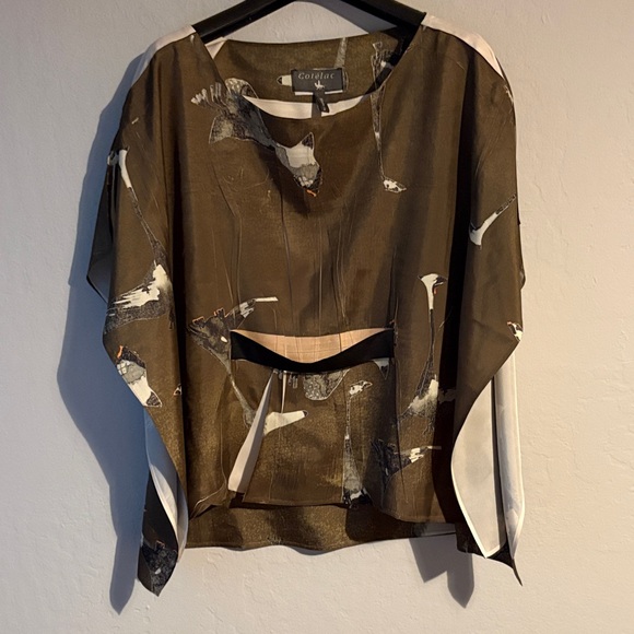 Cotelac Olive Bird-Print Draped Blouse with Cream Accents